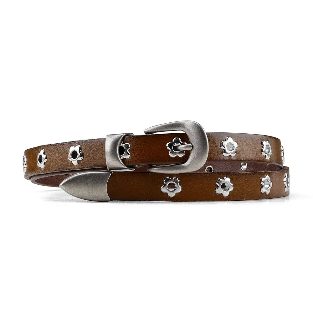 Leather Plum Blossom Buckle Narrow Belt