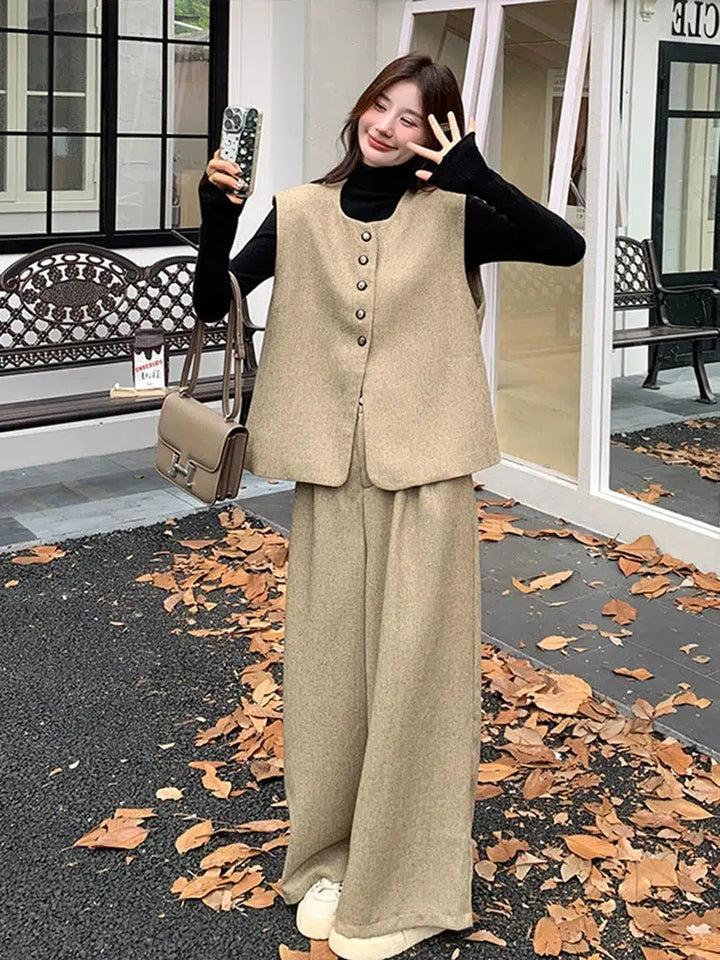 Khaki Vest and Wide-Leg Pants Suit for Women-The Korean Fashion