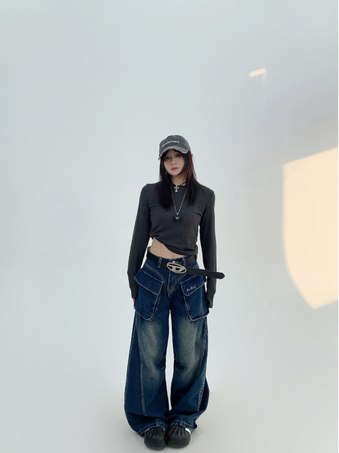 Wide-Leg Denim Cargo Pants