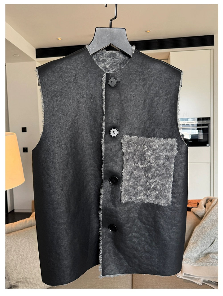 Reversible Leather Vest with Fur Trim