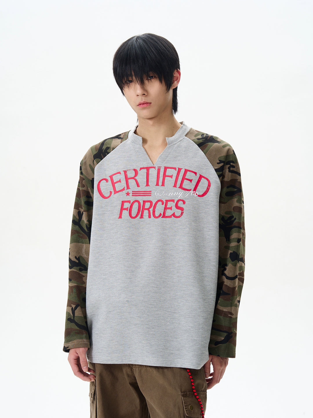 Camouflage Sleeve Waffle Henley Pullover