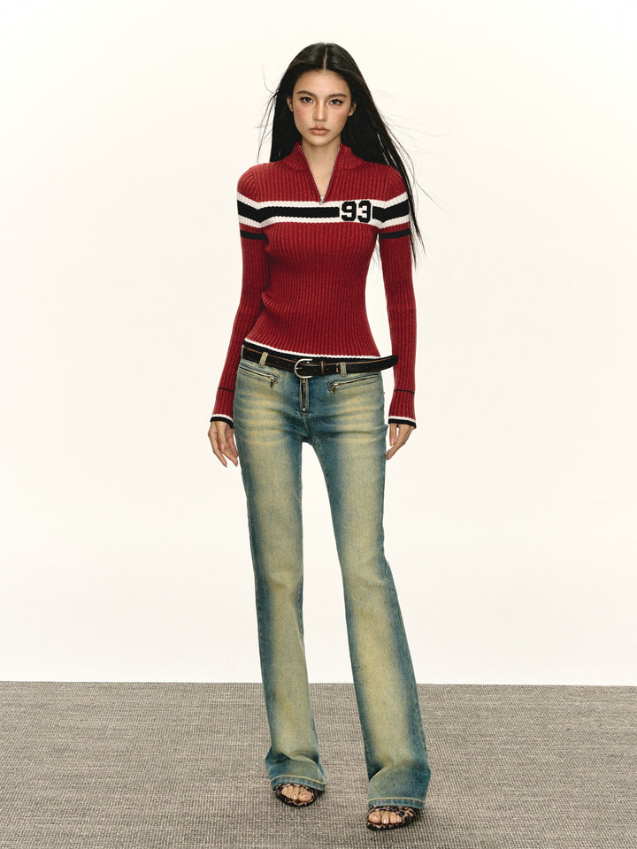 Half-Zip Retro Ribbed Sweater Top