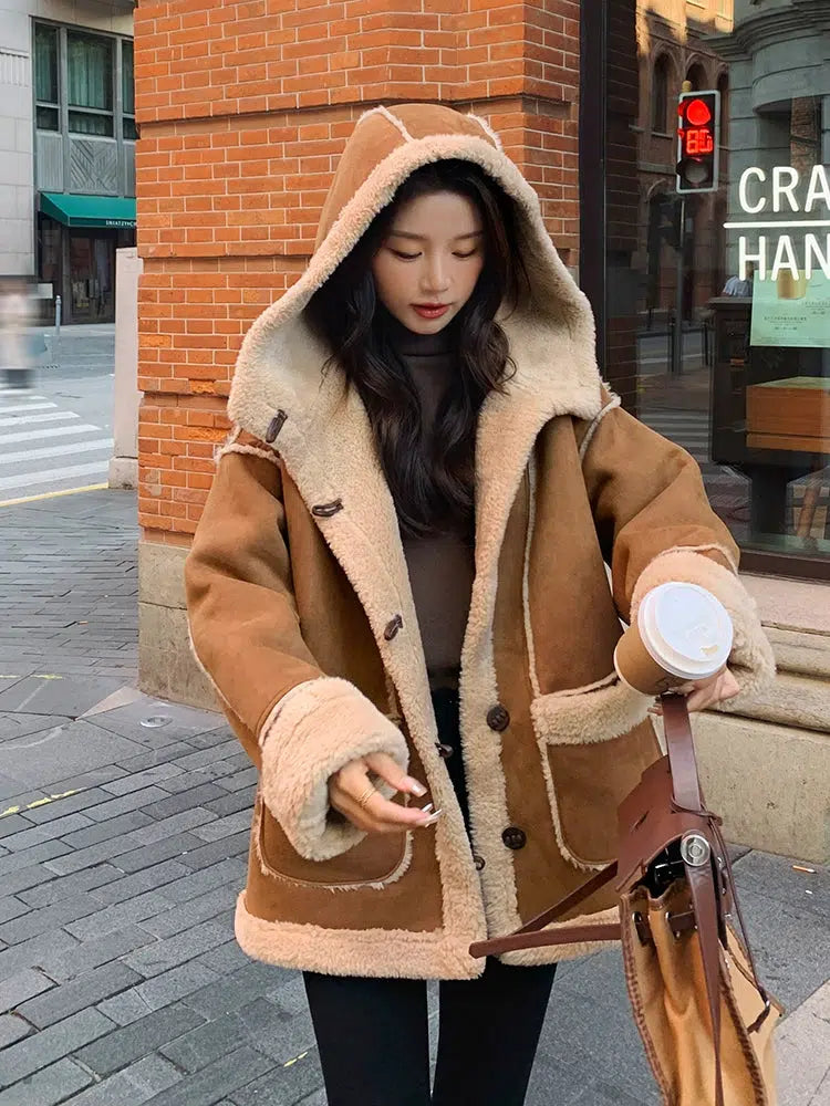 Hooded Suede Lamb Wool Winter Jacket-The Korean Fashion