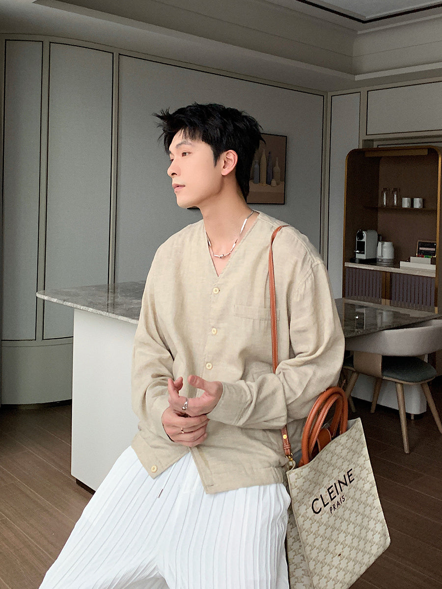 V-Neck Button Front Linen Shirt