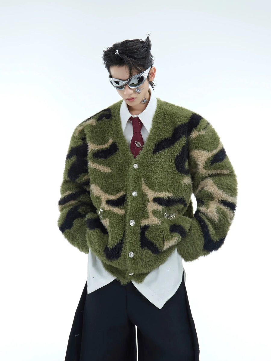 Faux Mink Camouflage Knit Cardigan with Buttons-The Korean Fashion