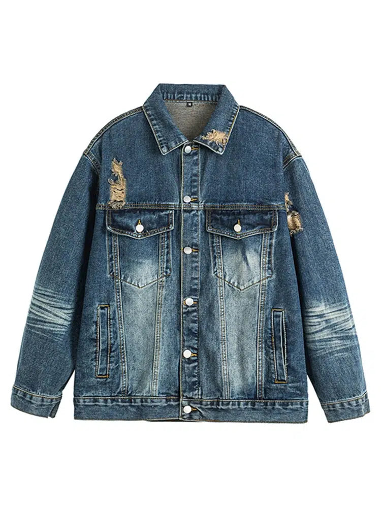 Washed Retro Ripped Denim Jacket with Lapel-The Korean Fashion