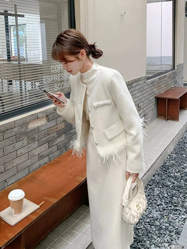 Winter Feather Accent Skirt Suit Set-The Korean Fashion