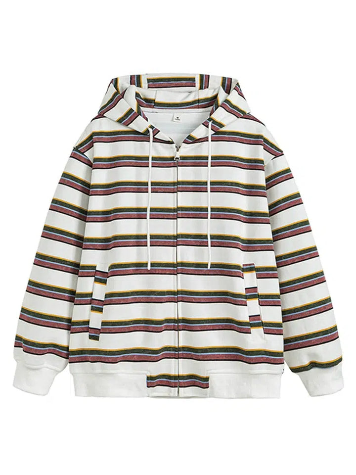 Retro Striped Hooded Sweatshirt Jacket-The Korean Fashion