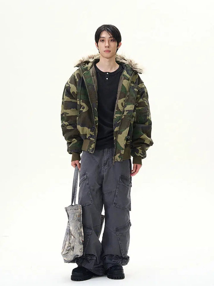 Camouflage Fur Hood Pilot Jacket-The Korean Fashion