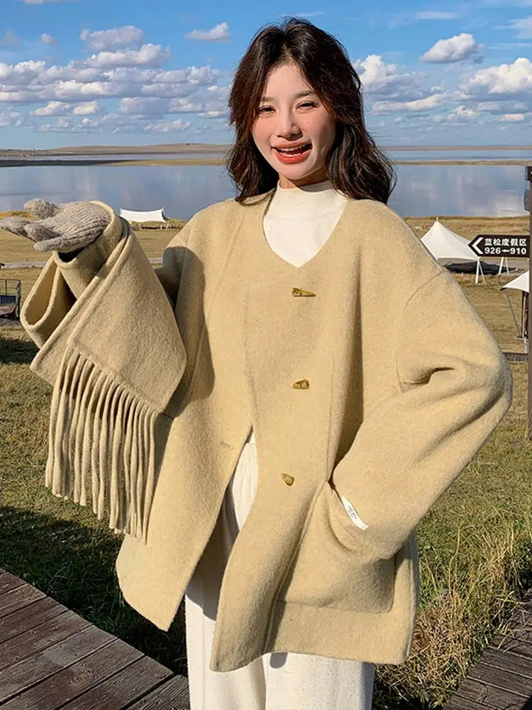 Woolen Double-Sided Short Coat with Scarf-The Korean Fashion