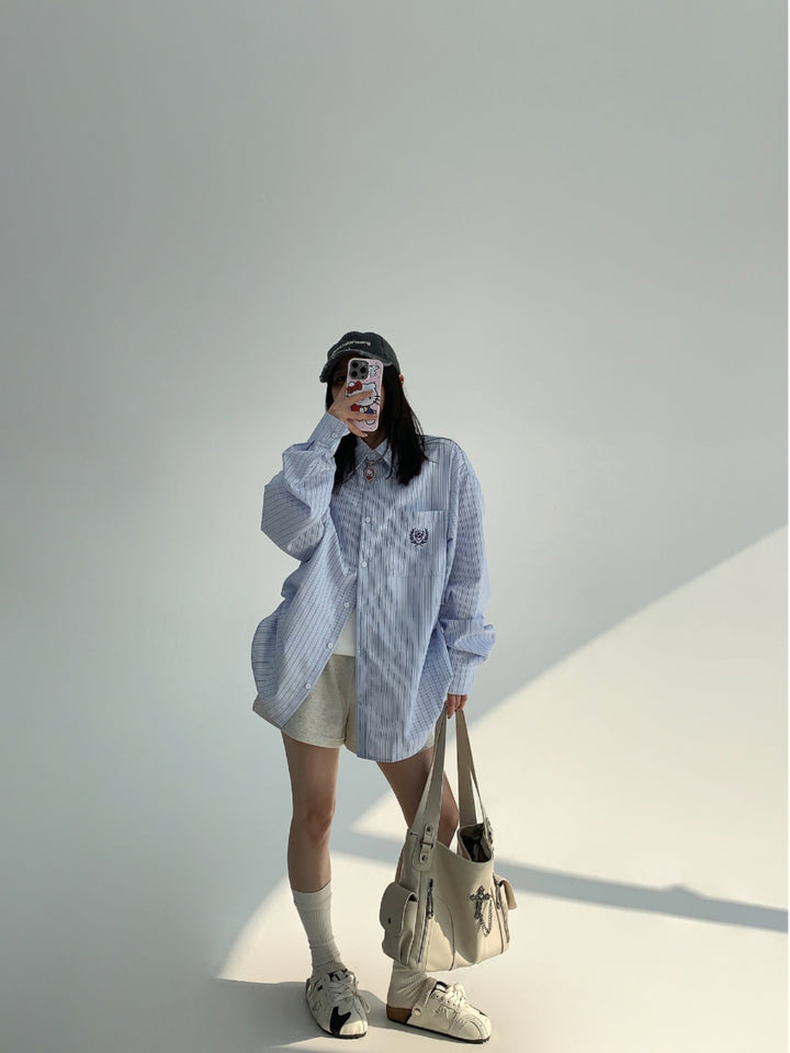 Oversized Striped Embroidered Long Shirt