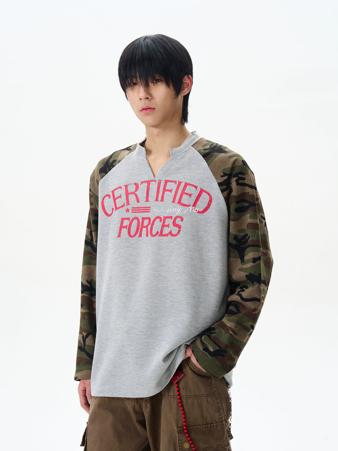 Camouflage Sleeve Waffle Henley Pullover