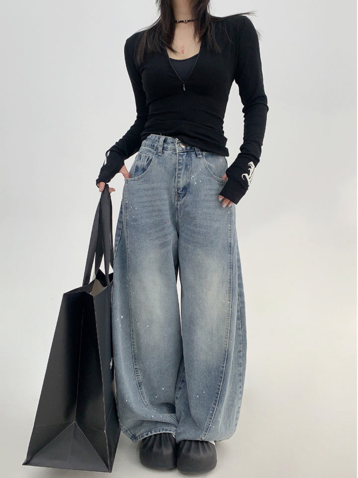 Wide-Leg Denim Paint Dot Pants