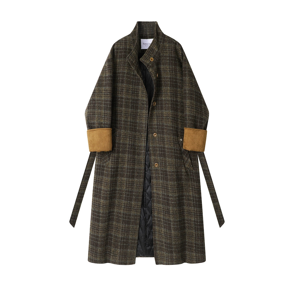 Plaid Wool Long Coat with Belt