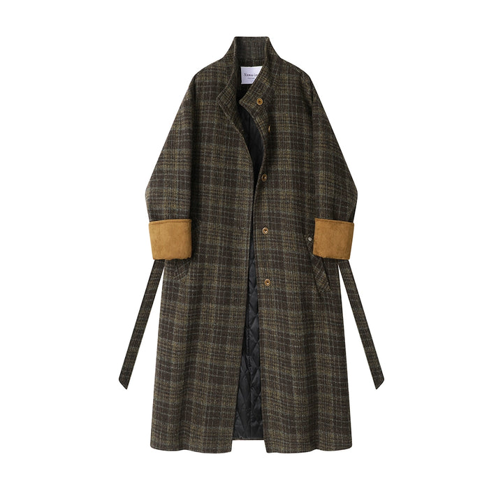 Plaid Wool Long Coat with Belt