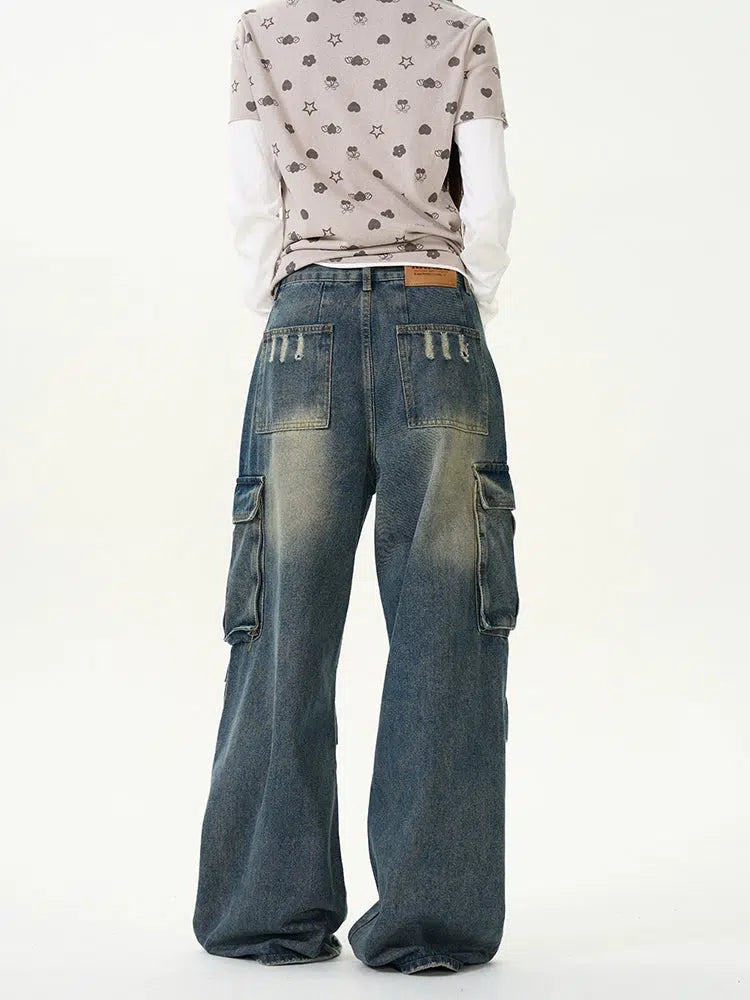 Retro Pleated Multi-Pocket Workwear Jeans-The Korean Fashion