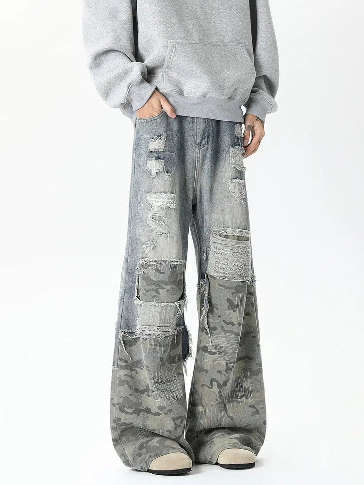 Distressed Patchwork Wide-Leg Jeans-The Korean Fashion