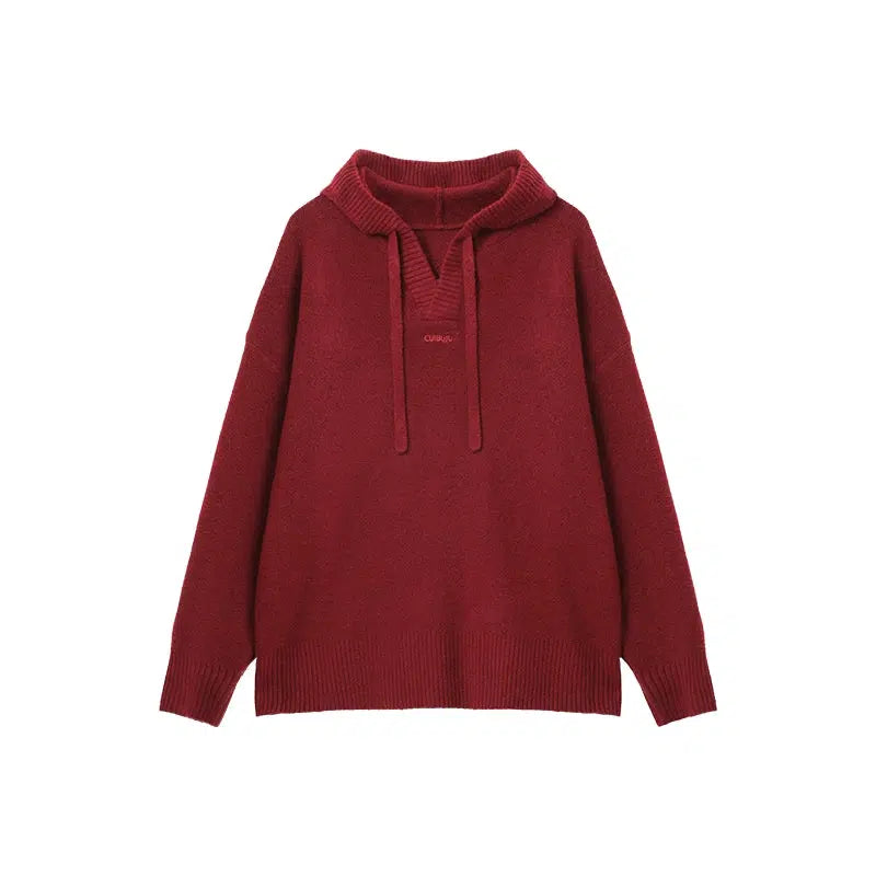 Drawstring Hooded Wool Knit Sweater