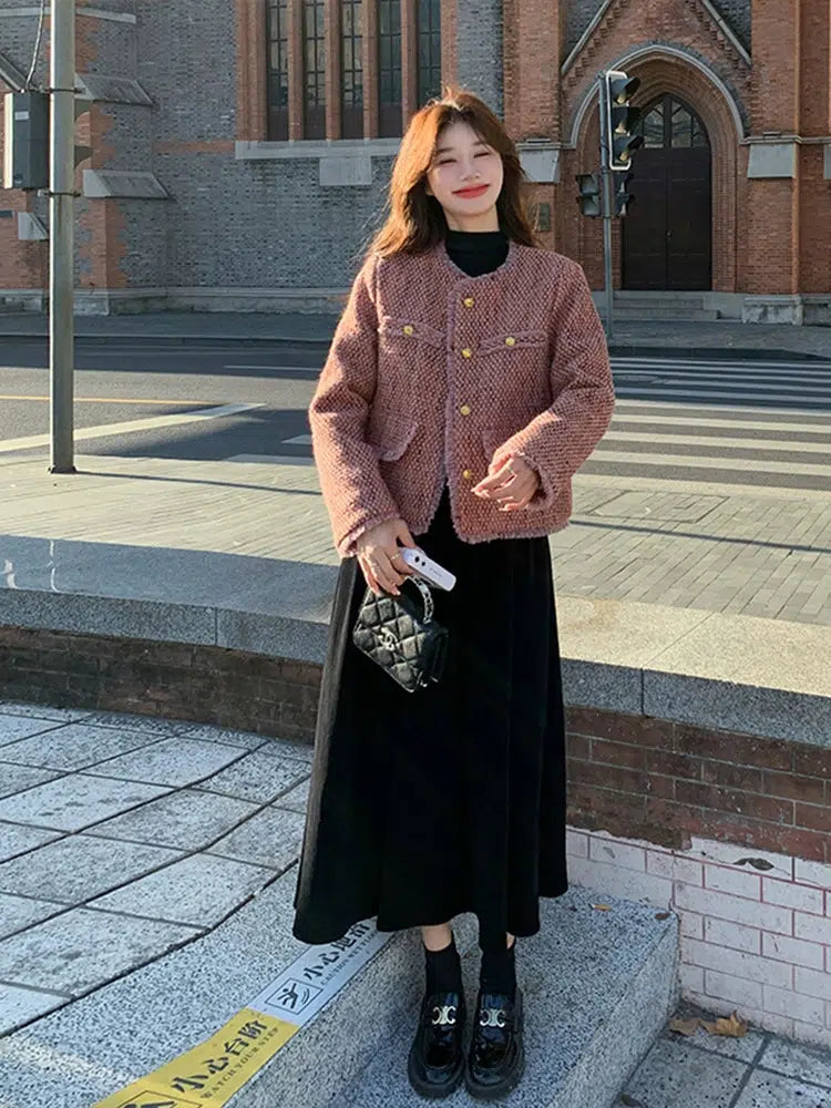 Tweed Tassel Two-Piece Coat Dress Suit-The Korean Fashion