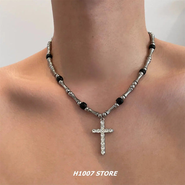 Diamond Cross Bamboo Necklace