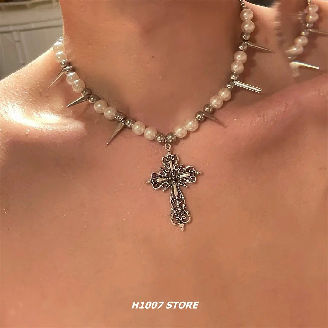 Pearl Spike Cross Pendant Necklace