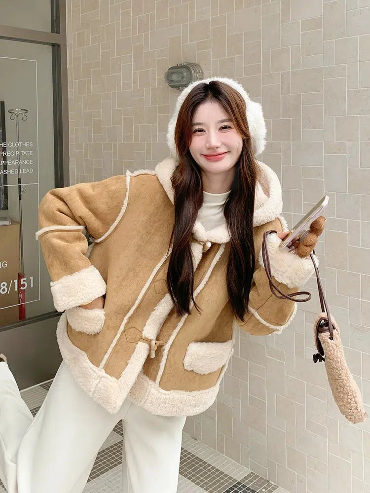 Suede Lamb Wool Hooded Fur Coat