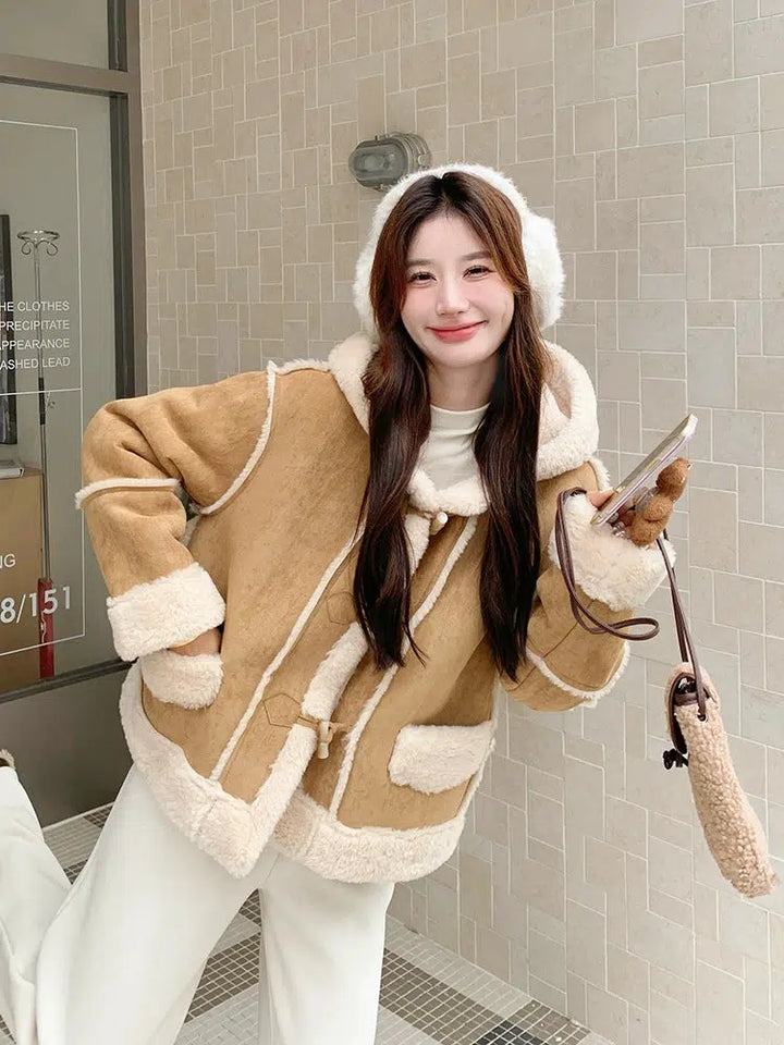 Suede Lamb Wool Hooded Fur Coat-The Korean Fashion