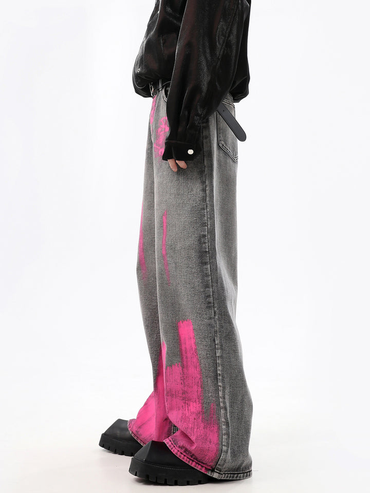 Graffiti Drape Wide-Leg Jeans Pants