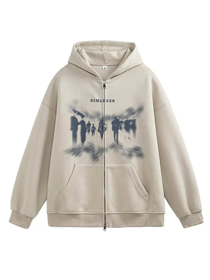 Retro Graffiti Print Hooded Zip-Up Sweater-The Korean Fashion