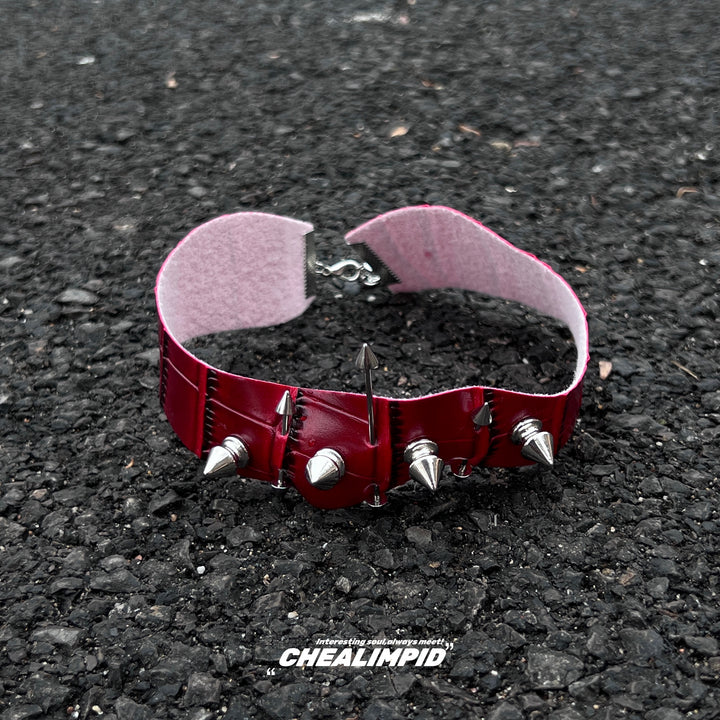 Red Leather Rivet Choker Necklace