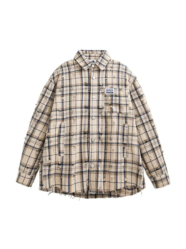 Retro Plaid Distressed Long-Sleeve Shirt-The Korean Fashion