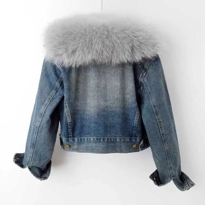 Denim Jacket with Fur Collar and Rabbit Fur Lining-The Korean Fashion