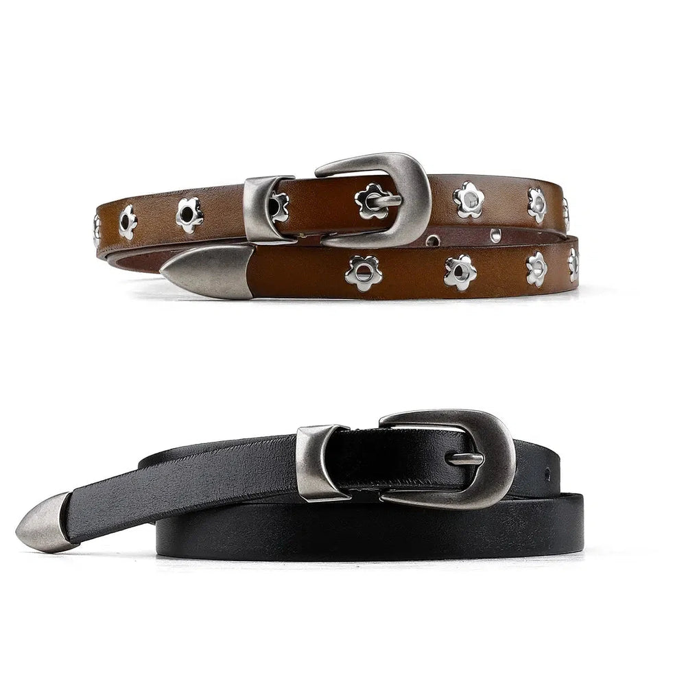 Leather Plum Blossom Buckle Narrow Belt