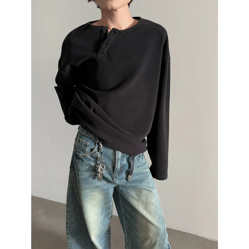 Long-Sleeve Oblique Button Pullover