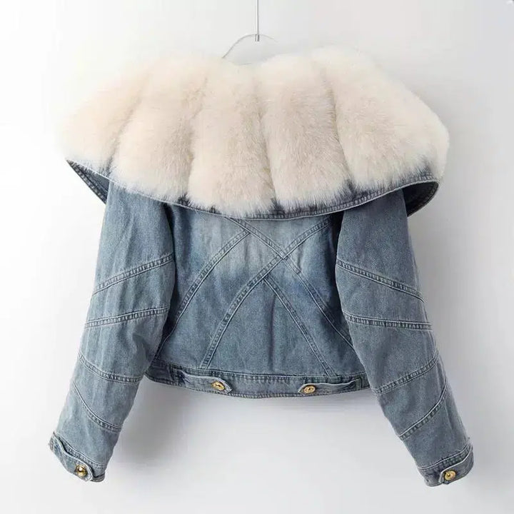 Winter Fox Fur Collar Denim Jacket with Plush Lining-The Korean Fashion