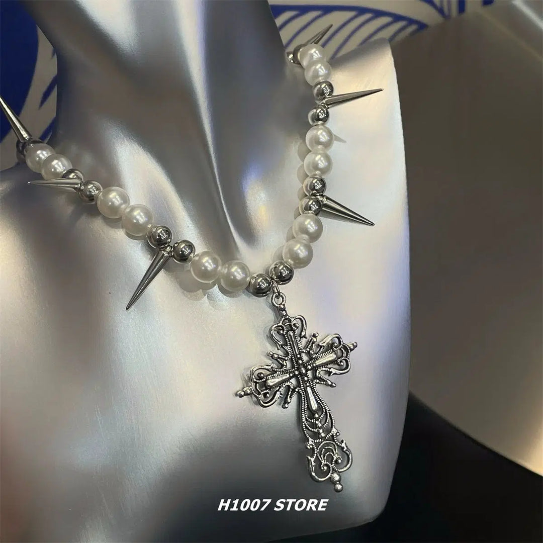 Pearl Spike Cross Pendant Necklace