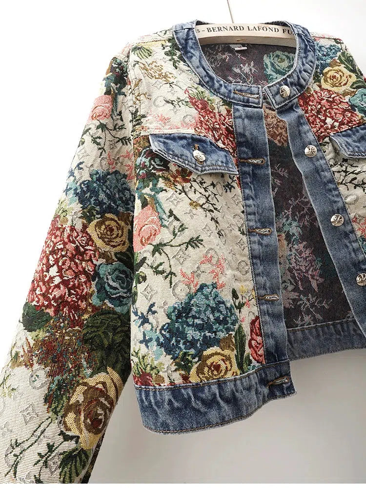 Retro Jacquard Denim Jacket with Round Neck-The Korean Fashion