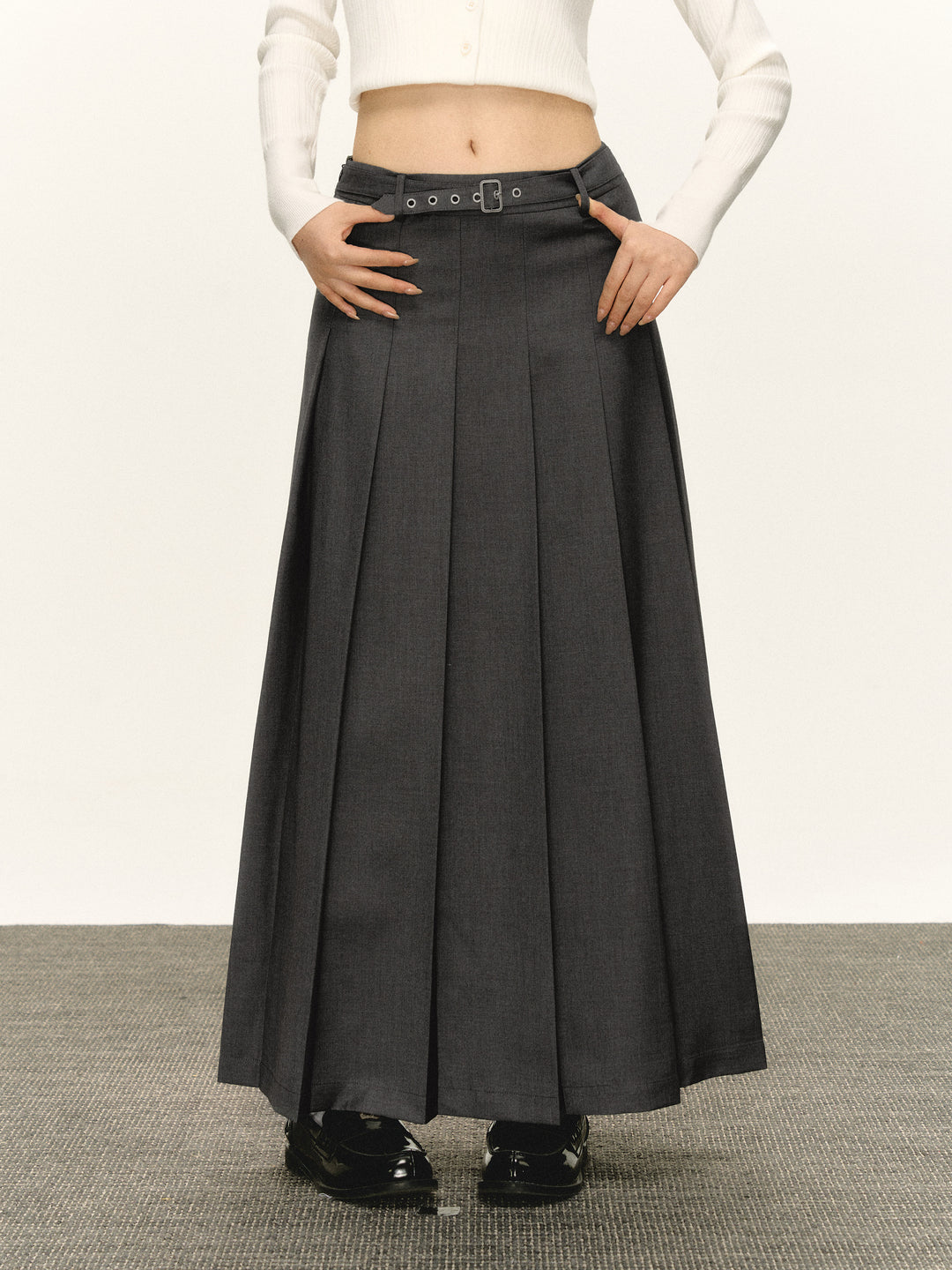 Pleated A-Line Skirt with Belt