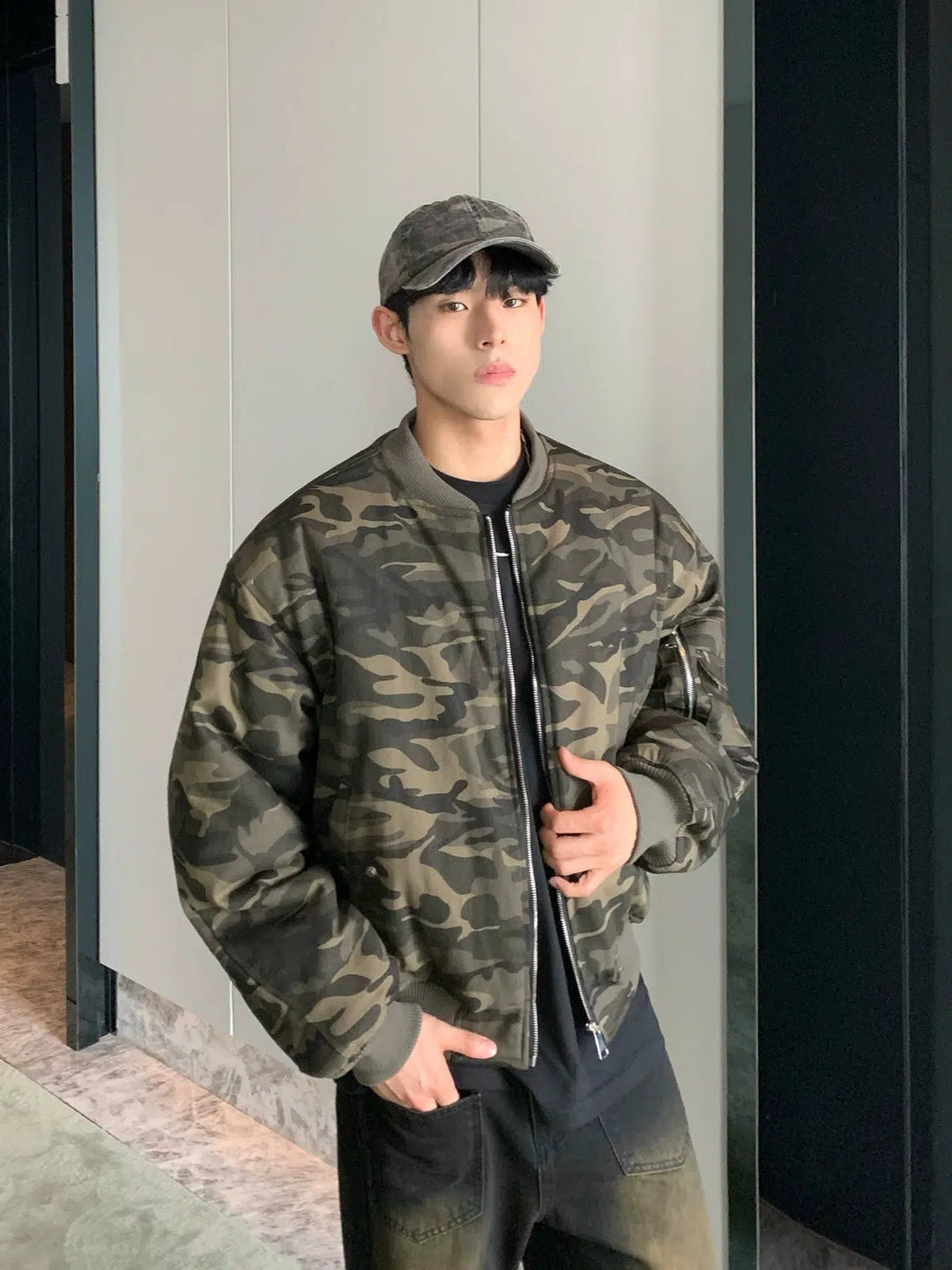 Camouflage Quilted Baseball Jacket with Stand-Up Collar-The Korean Fashion