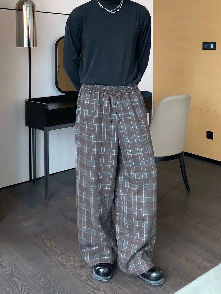 Retro Plaid Woolen Drawstring Casual Pants-The Korean Fashion