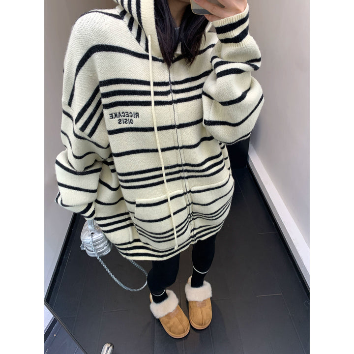 Striped Embroidered Hoodie Sweater-The Korean Fashion