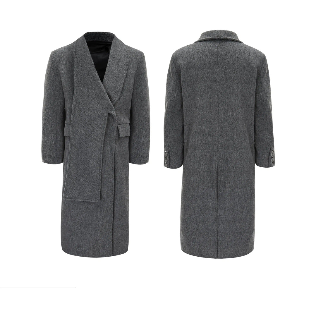 Deconstructed Woolen Long Coat with Metal Strap