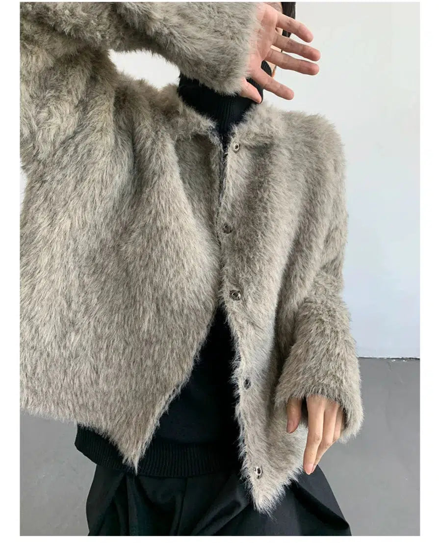 Fuzzy Knit Jacket with Ribbed Trim