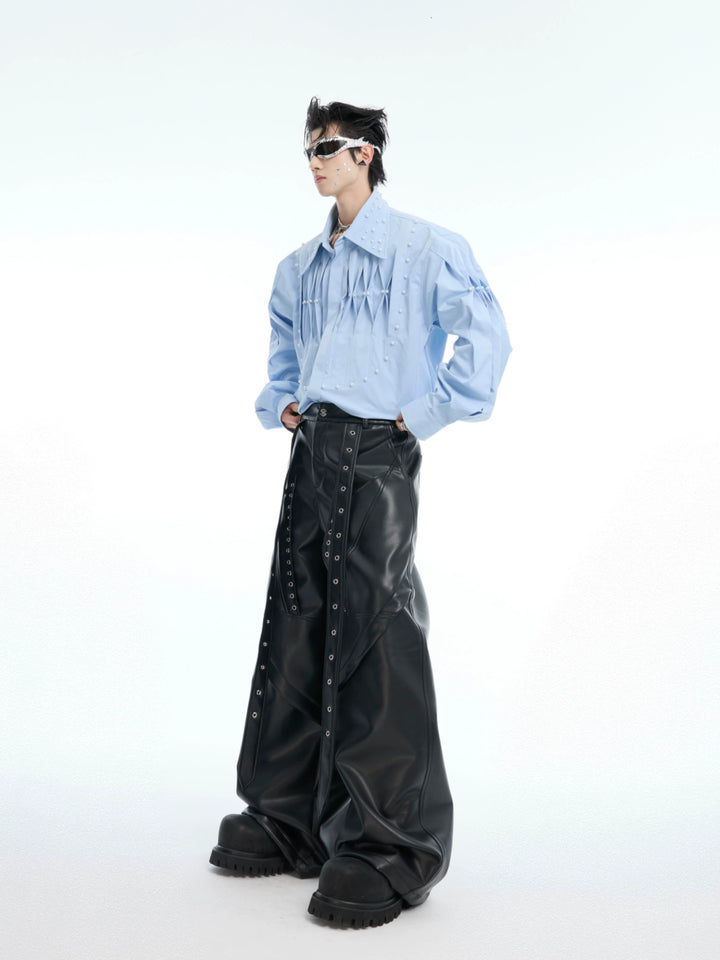 Wide-Leg Leather Rivet Pants