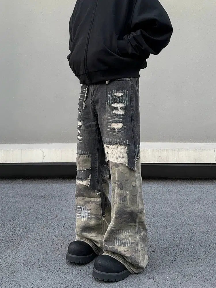 Patchwork Camouflage Flared Jeans-The Korean Fashion