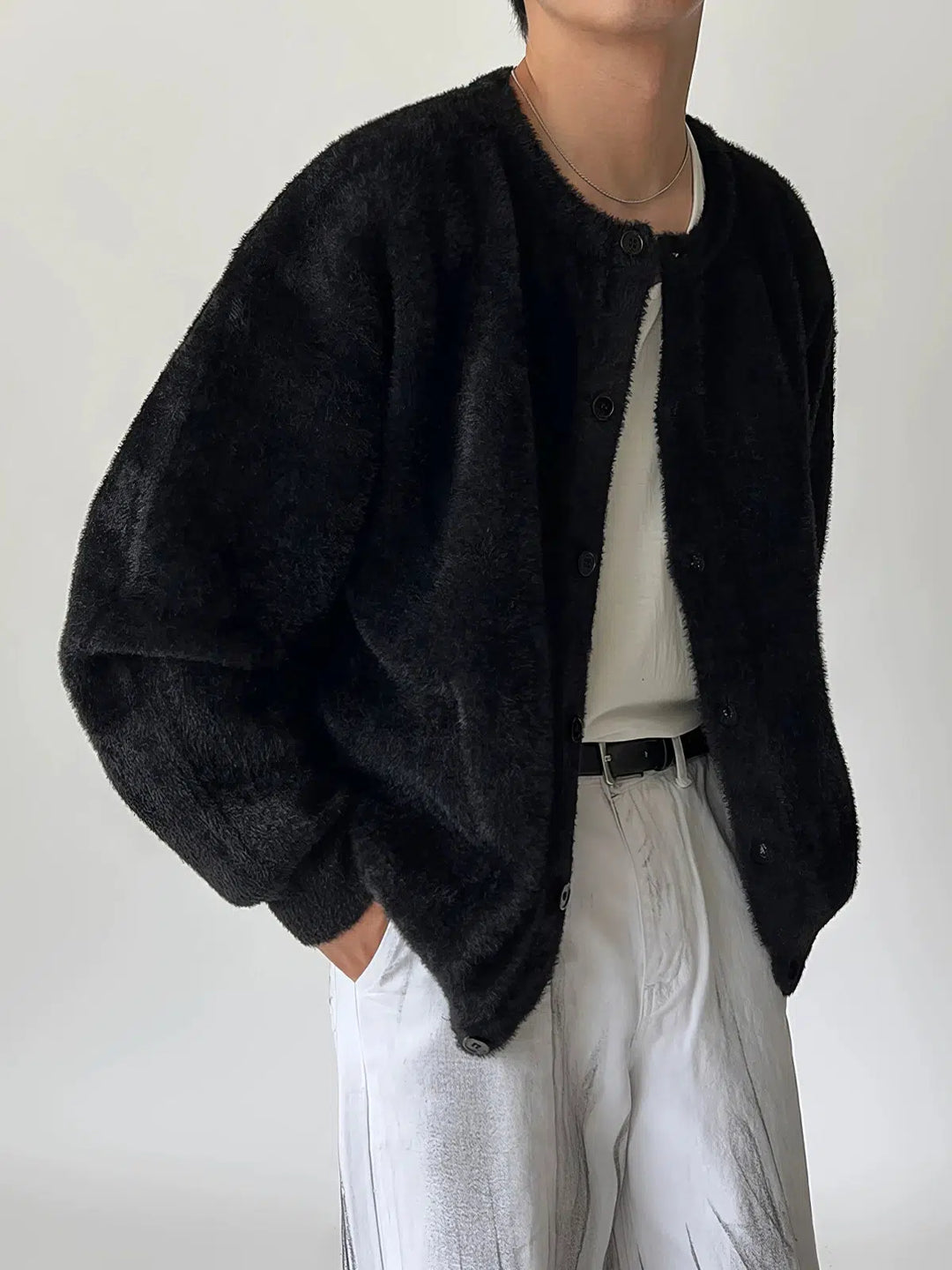 Imitation Mink Fur Round Neck Cardigan Sweater-The Korean Fashion