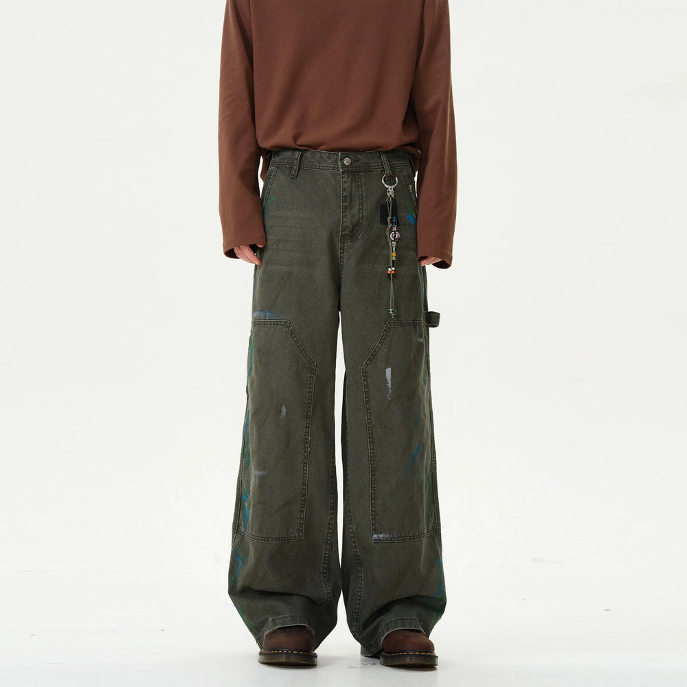 Retro Ink-Splashed Denim Cargo Pants