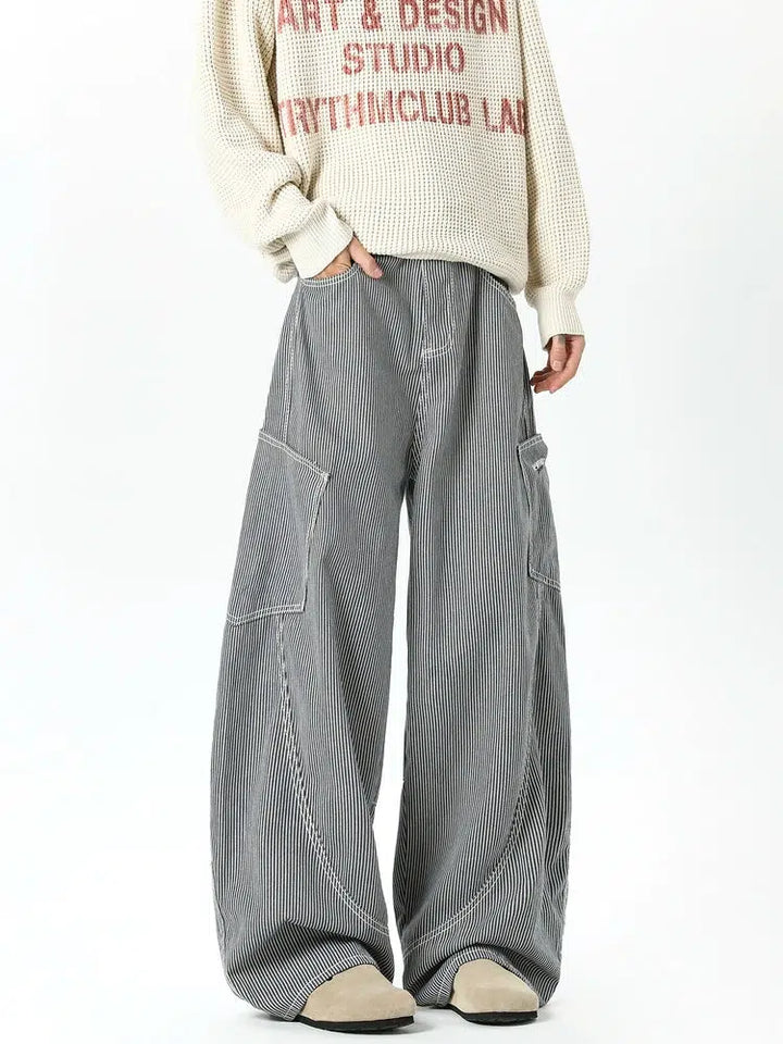 Retro Wide-Leg Striped Casual Pants-The Korean Fashion