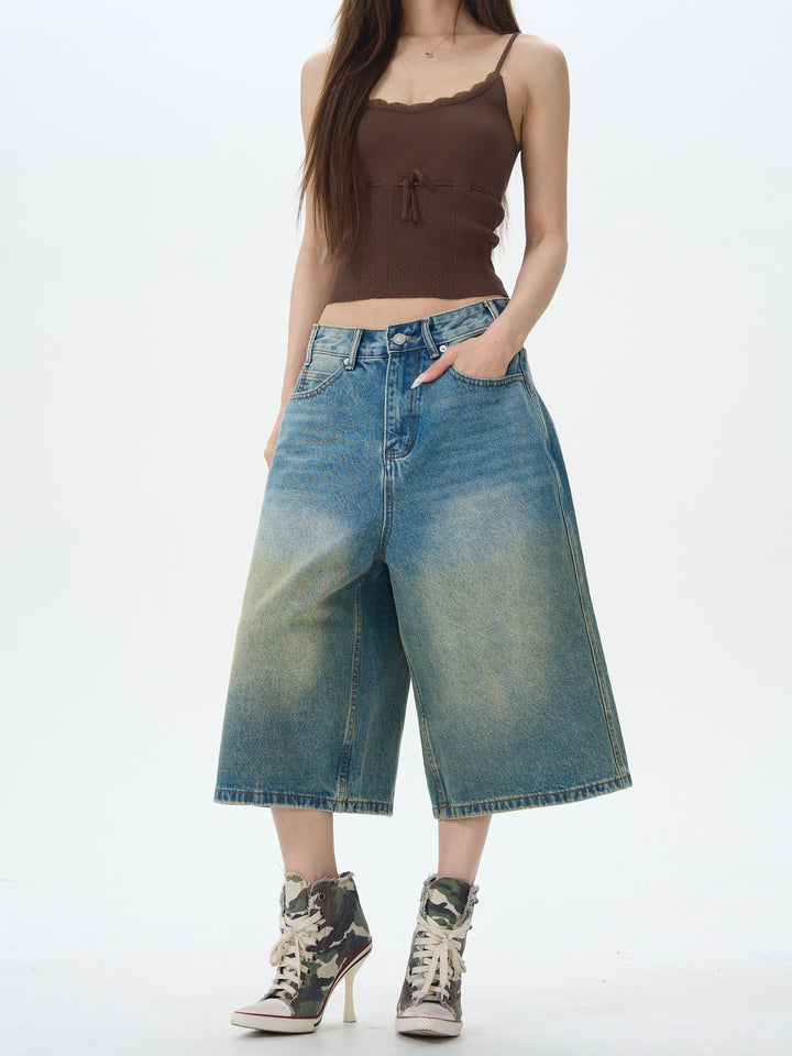 Wide-Leg Cropped Denim Pants