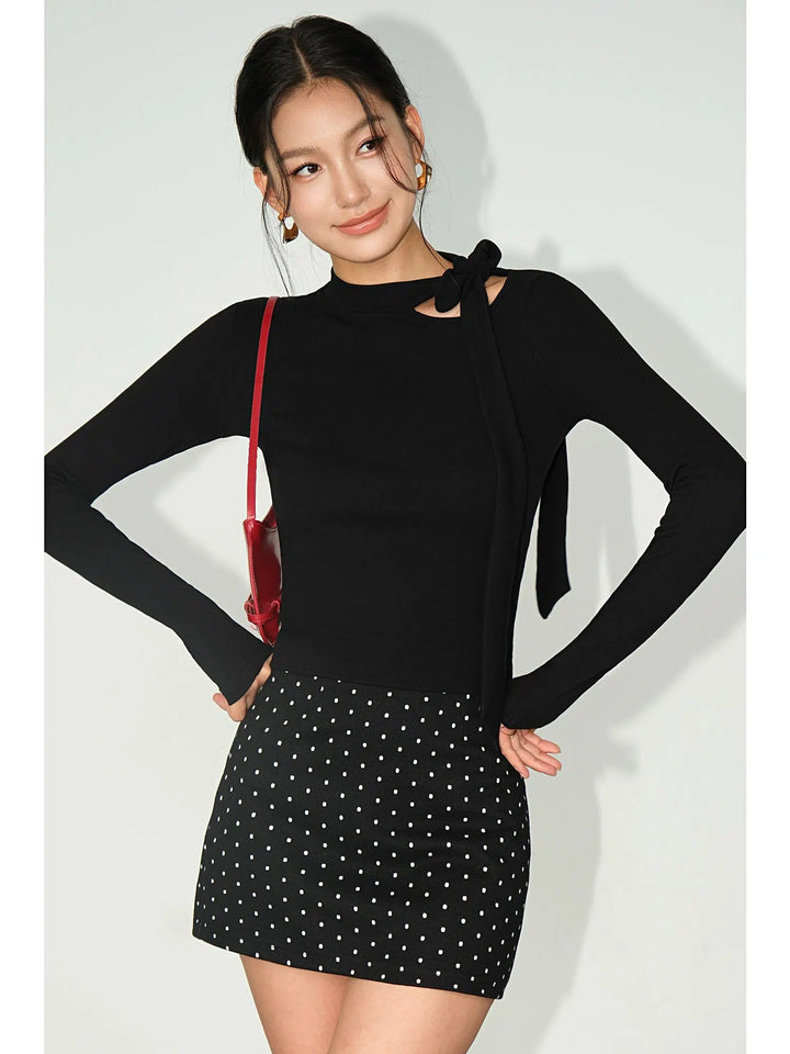 Slim-Fit Long-Sleeved Knit Sweater with Bowknot-The Korean Fashion